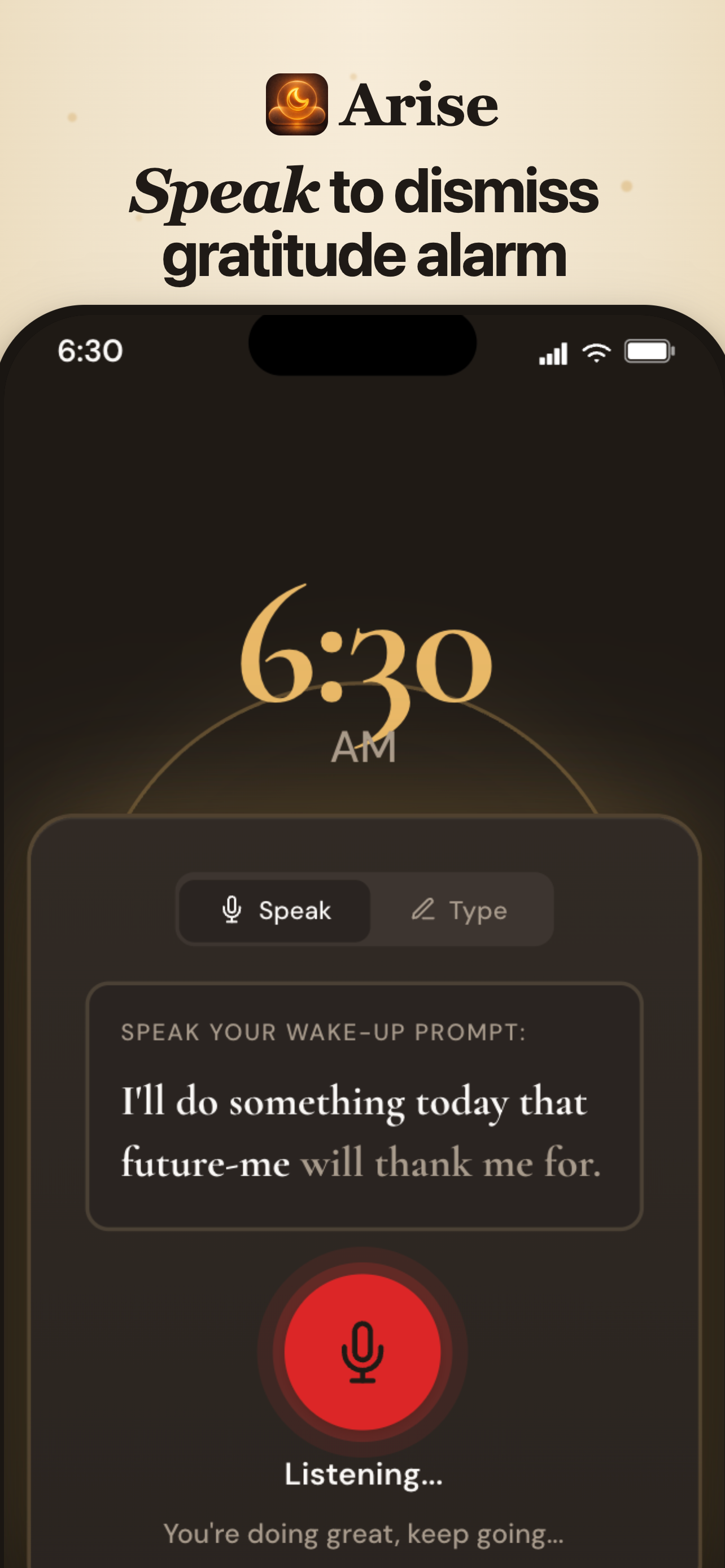 Arise alarm screen showing a wake-up prompt and a microphone listening