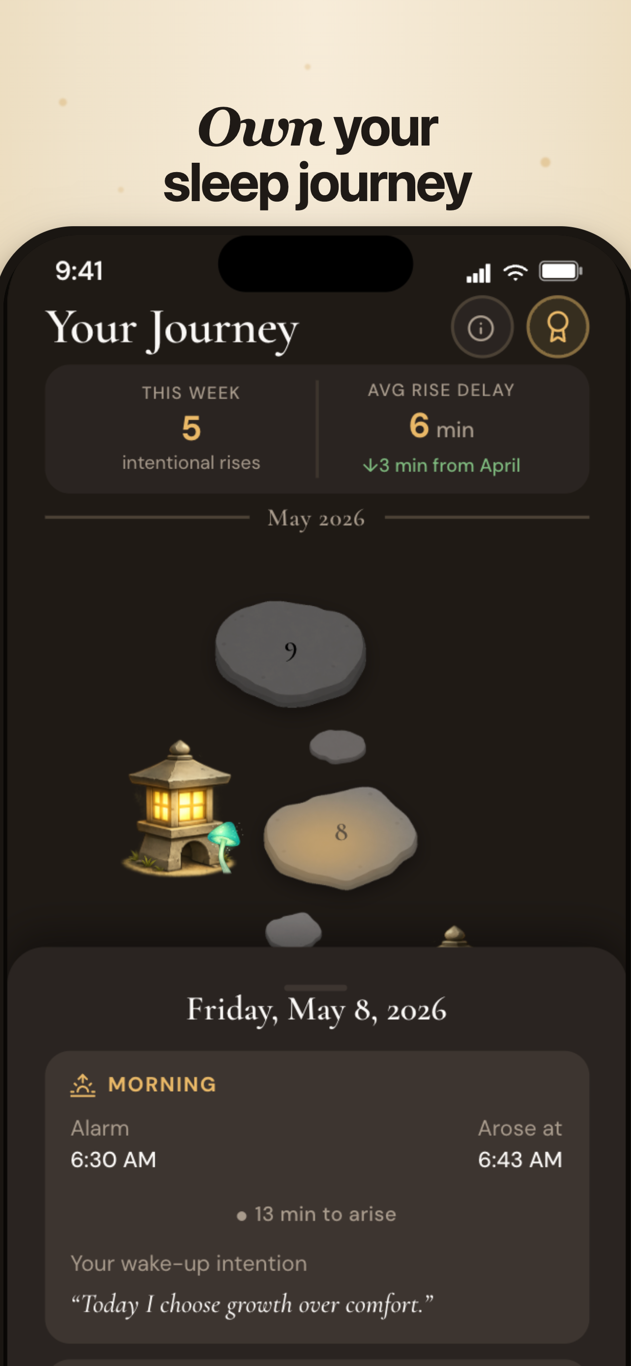 Arise journey screen with stepping stones and daily wake-up stats