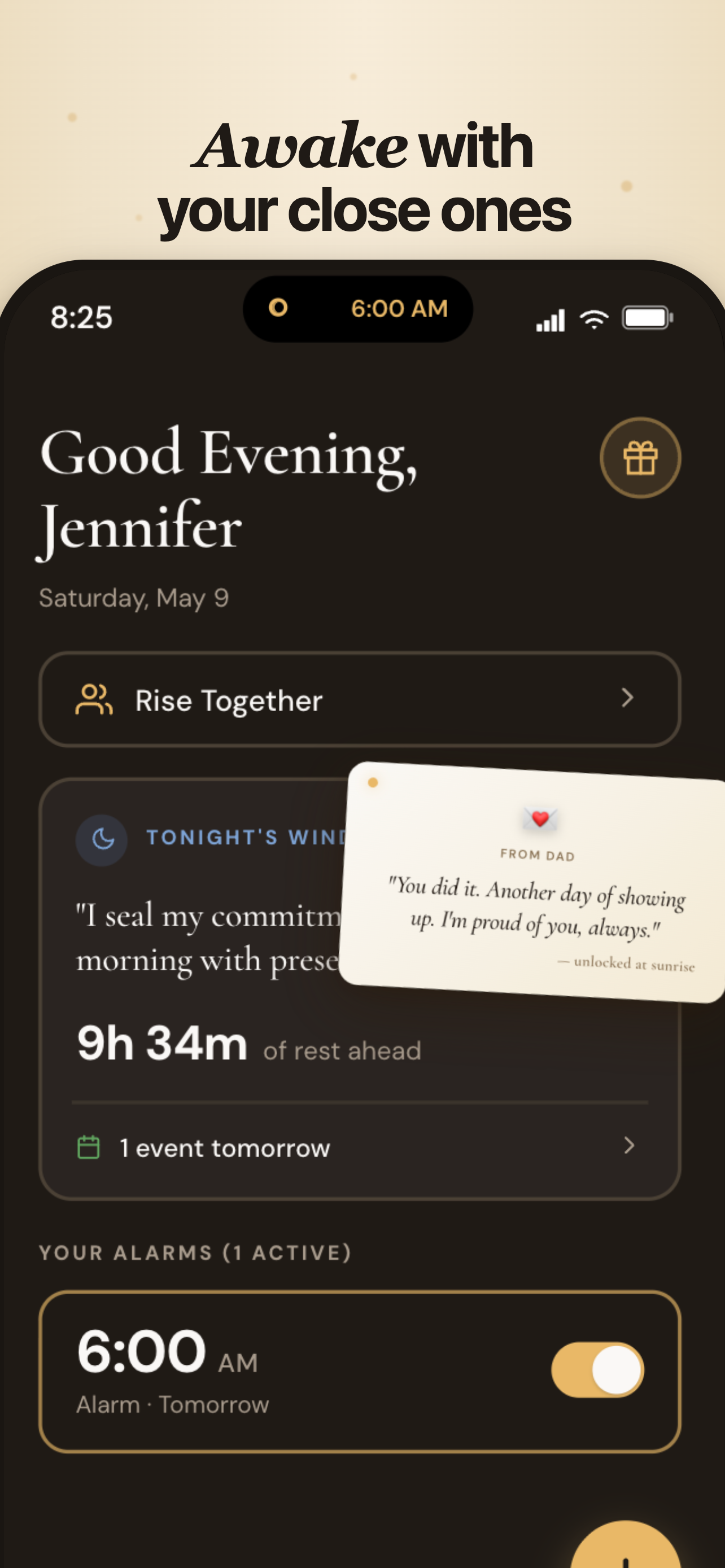 Arise home screen with a gift card from Dad and a Rise Together row