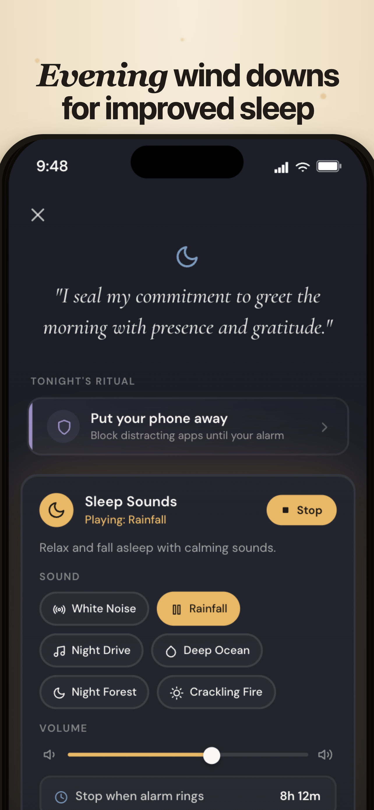 Arise wind-down screen with sleep sounds playing rainfall